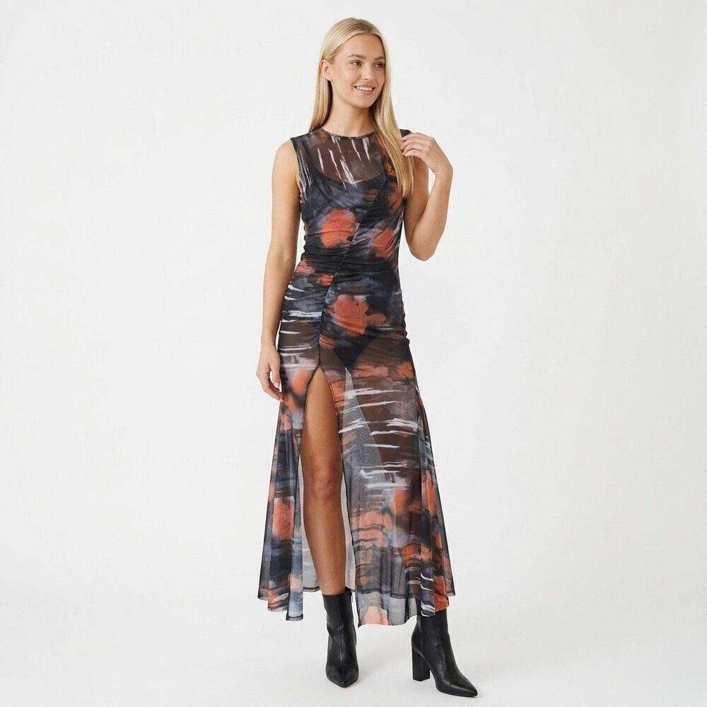 Abstract Print Sheer Mesh Midi Dress Small Ruched High Slit Y2K Grunge Artsy